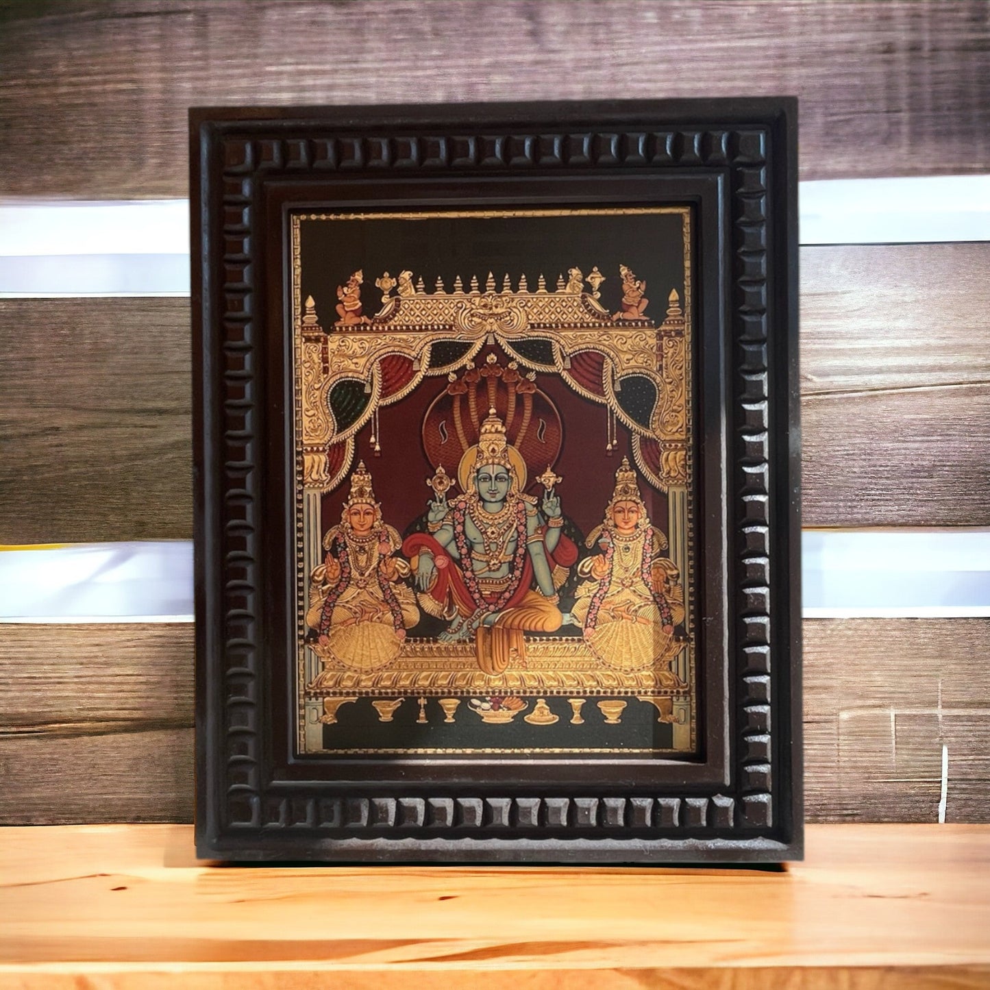 Vishnu: Gold Leafed Art Mahavishnu with Bhudevi & Shreedevi  With Wooden Frame