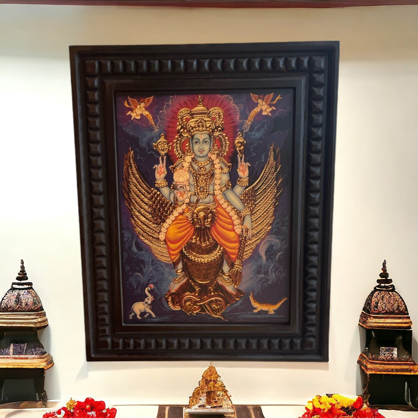 Vishnu: Mahavishnu  seated on his vahan Garud Gold Leafed Art  With Wooden Frame