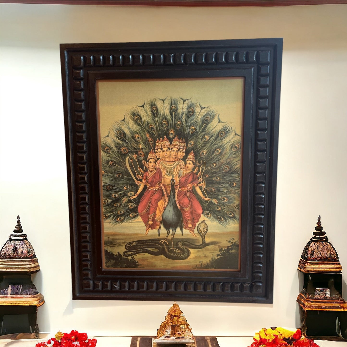 Murugan: Karthikeyan with valli & devyani Gold Leafed Art With Wooden Frame