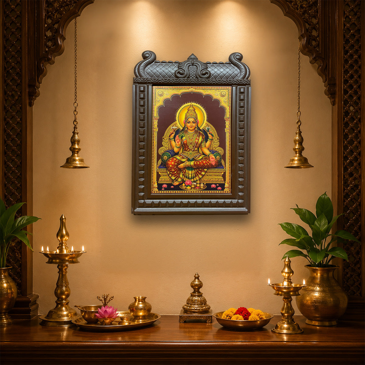 Om Sakthi Engineered Wooden Temple Frame | Premium Gold Leaf Artwork for Pooja Room | Luxury Hindu Wall Decor by ESTUDIO