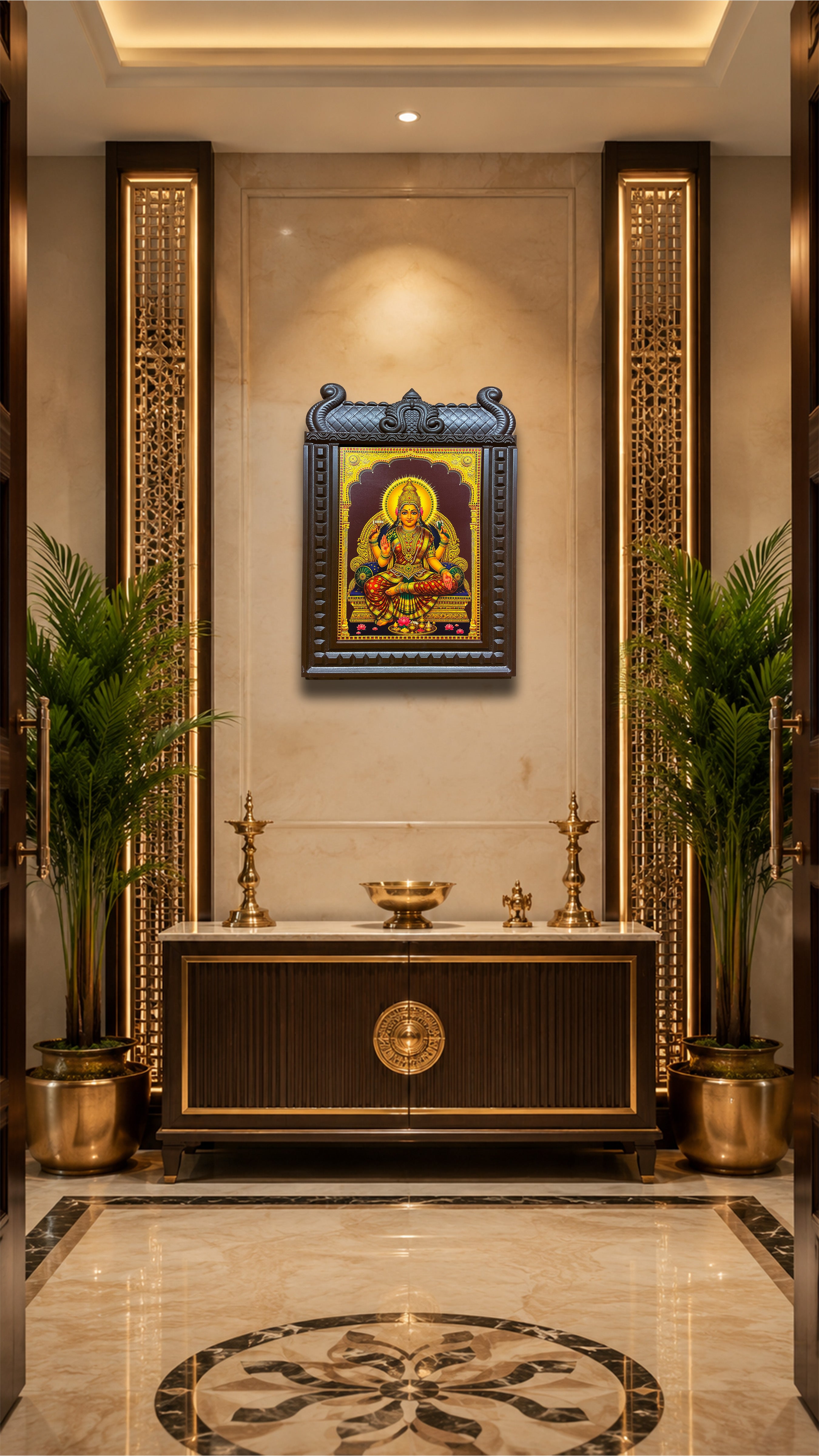 Om Sakthi Engineered Wooden Temple Frame | Premium Gold Leaf Artwork for Pooja Room | Luxury Hindu Wall Decor by ESTUDIO