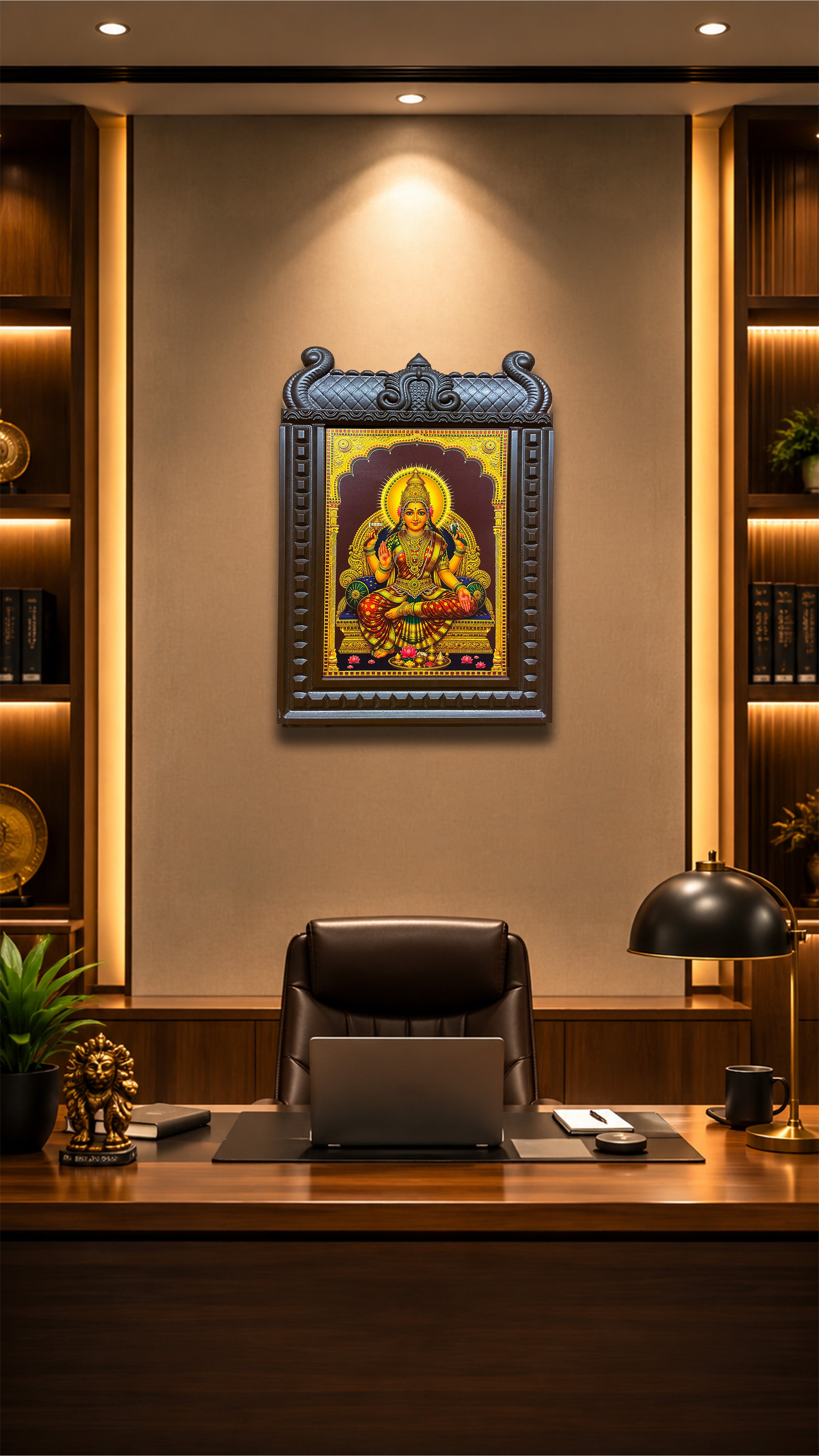 Om Sakthi Engineered Wooden Temple Frame | Premium Gold Leaf Artwork for Pooja Room | Luxury Hindu Wall Decor by ESTUDIO