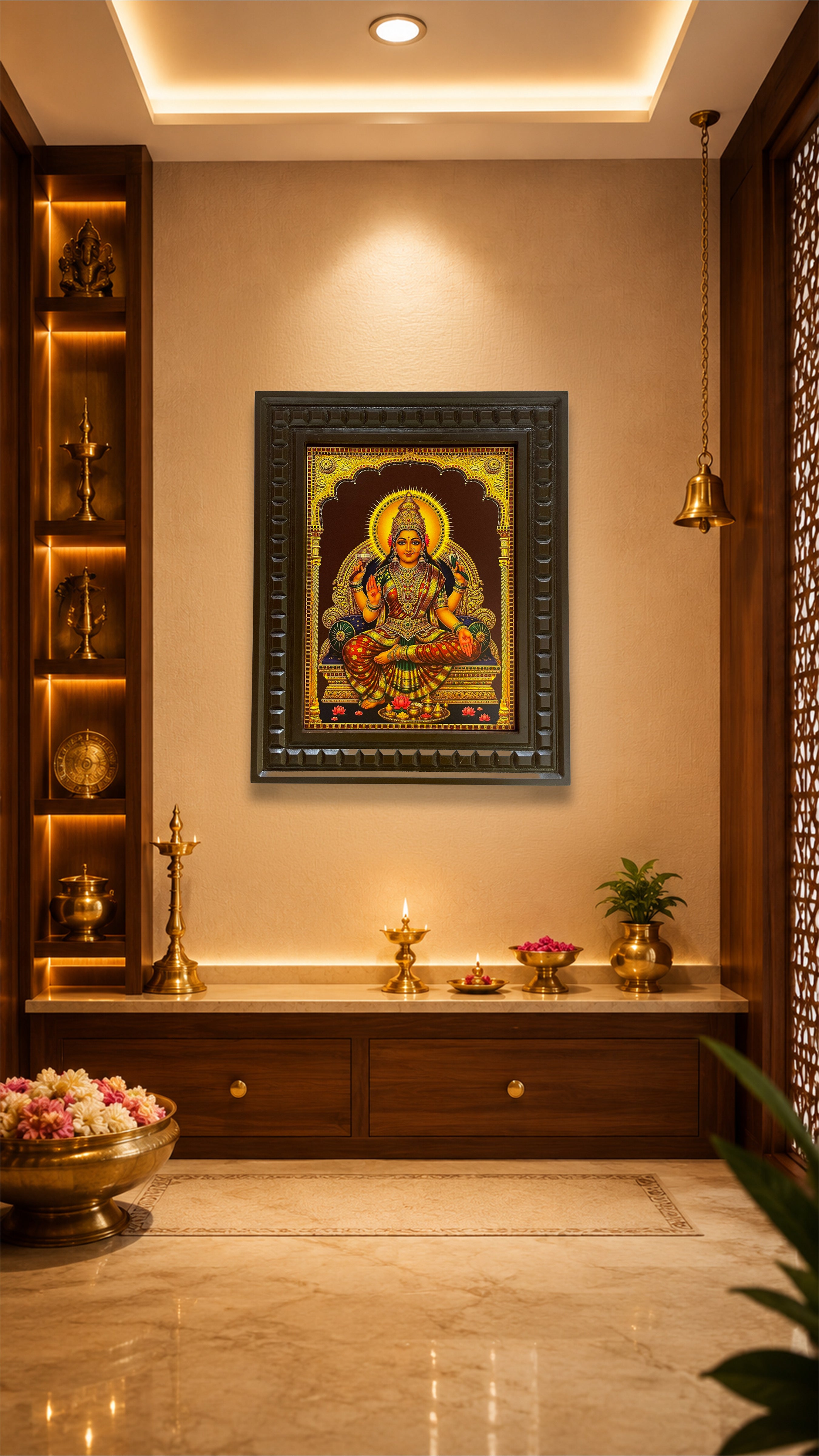 Om Sakthi Premium Gold Leaf Artwork | Luxury Wooden Frame Wall Decor for Pooja Room | Divine Hindu Temple Art by ESTUDIO