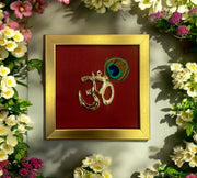 Brass Om with peacock feather &  silk in Gold frame