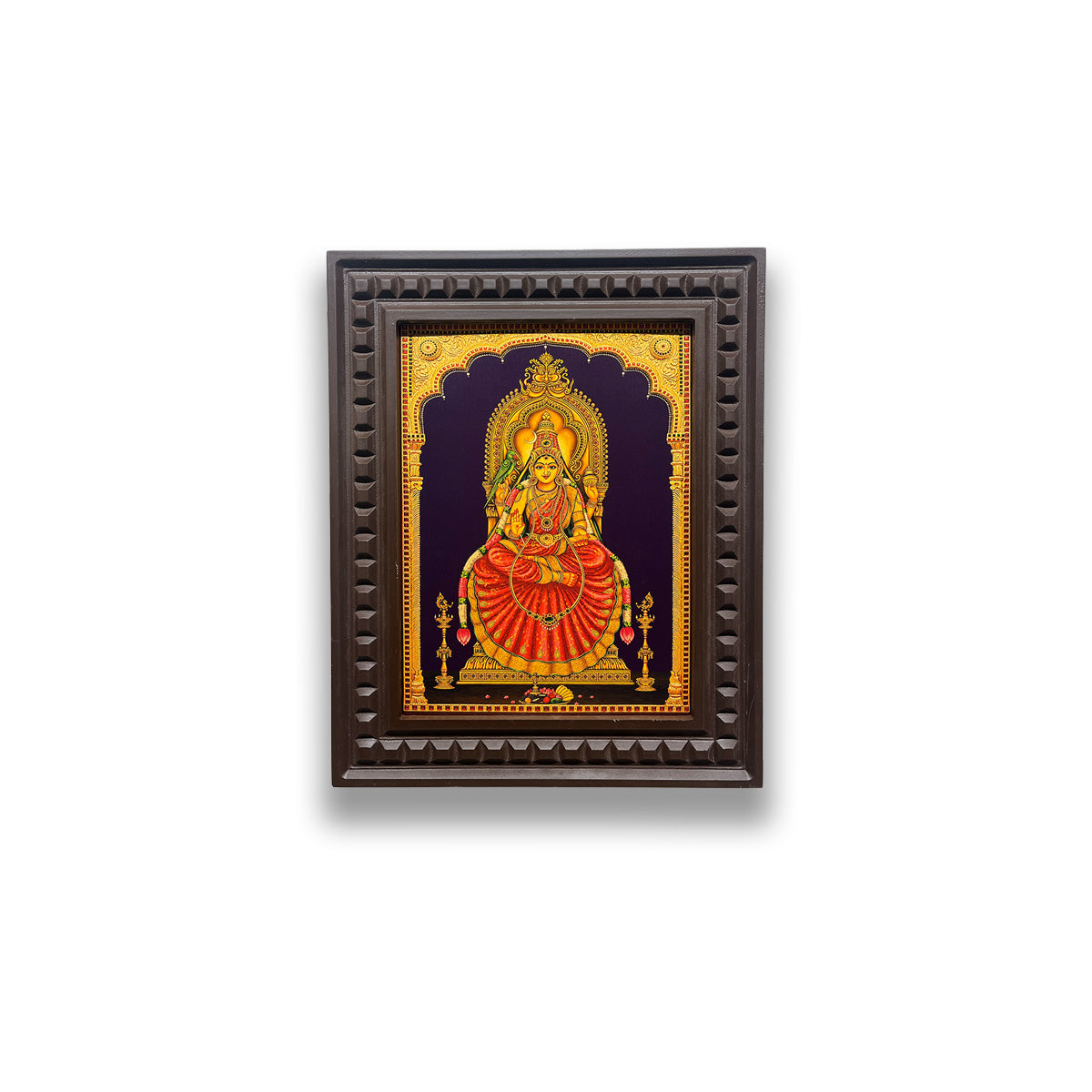 Sringeri Sharadamba Gold Leaf Artwork | Premium Engineered Wooden Frame | Small Hindu Temple Wall Decor for Pooja Room