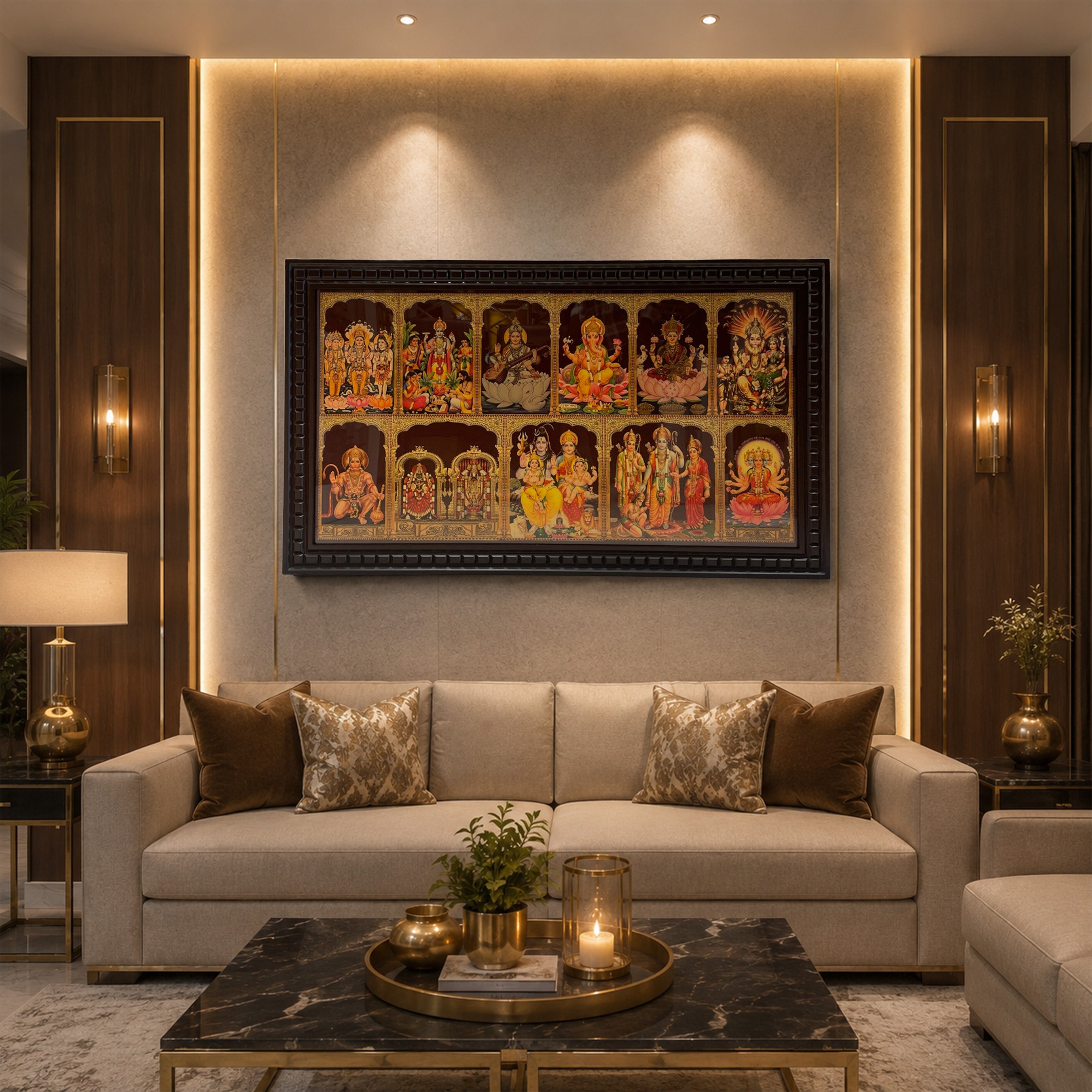 11 Divine Gods Wooden Frame Wall Art | Trimurti, Tirupati Balaji, Shiva Parivar, Ram Darbar, Lakshmi, Ganesha & More | Premium Pooja Room Decor