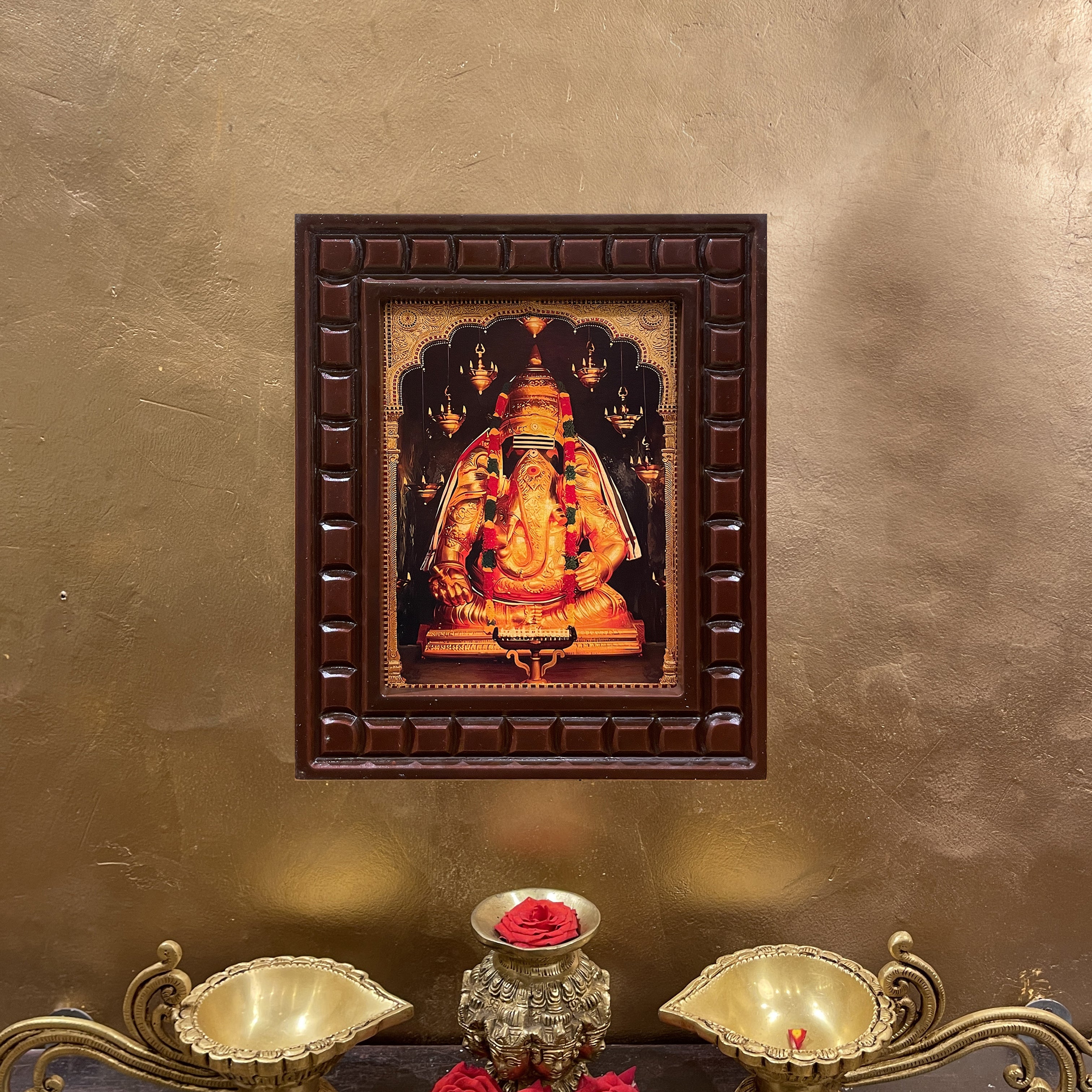 Shri Ganesha Pillayarapatti karapaga Vinayagar Gold Leafed Artwork with Polished Engineered Wooden Frame