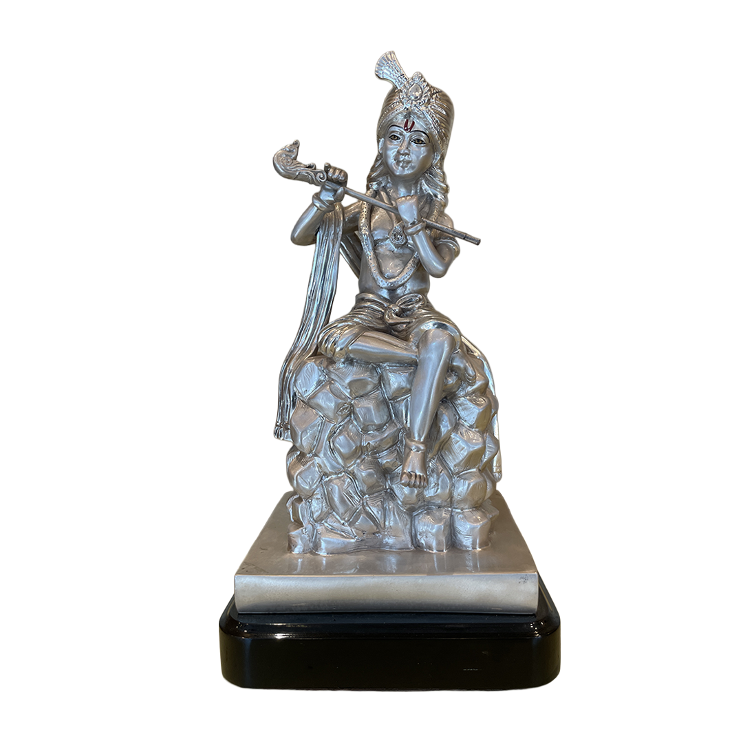 Silver Krishna Idol | 14 Inch Premium , Estudio Decor Statue for Home & Pooja Room