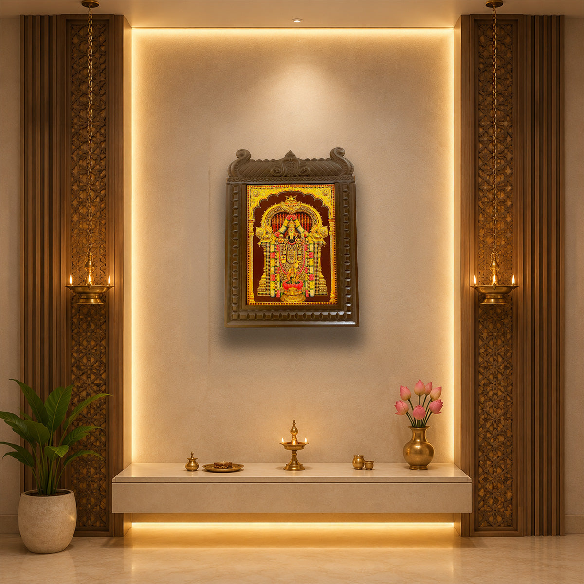 Tirupati Balaji Temple Wooden Frame Wall Art | Premium Lord Venkateswara Devotional Wall Decor | Luxury Pooja Room Frame