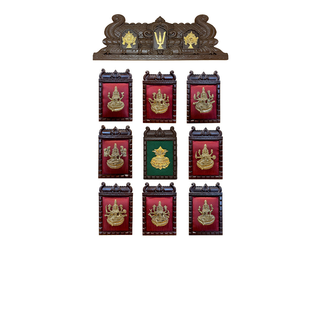 Ashta Lakshmi Brass Wall Art Set with Wooden Frames  | Luxury Pooja Room Wall Decor | Estudio