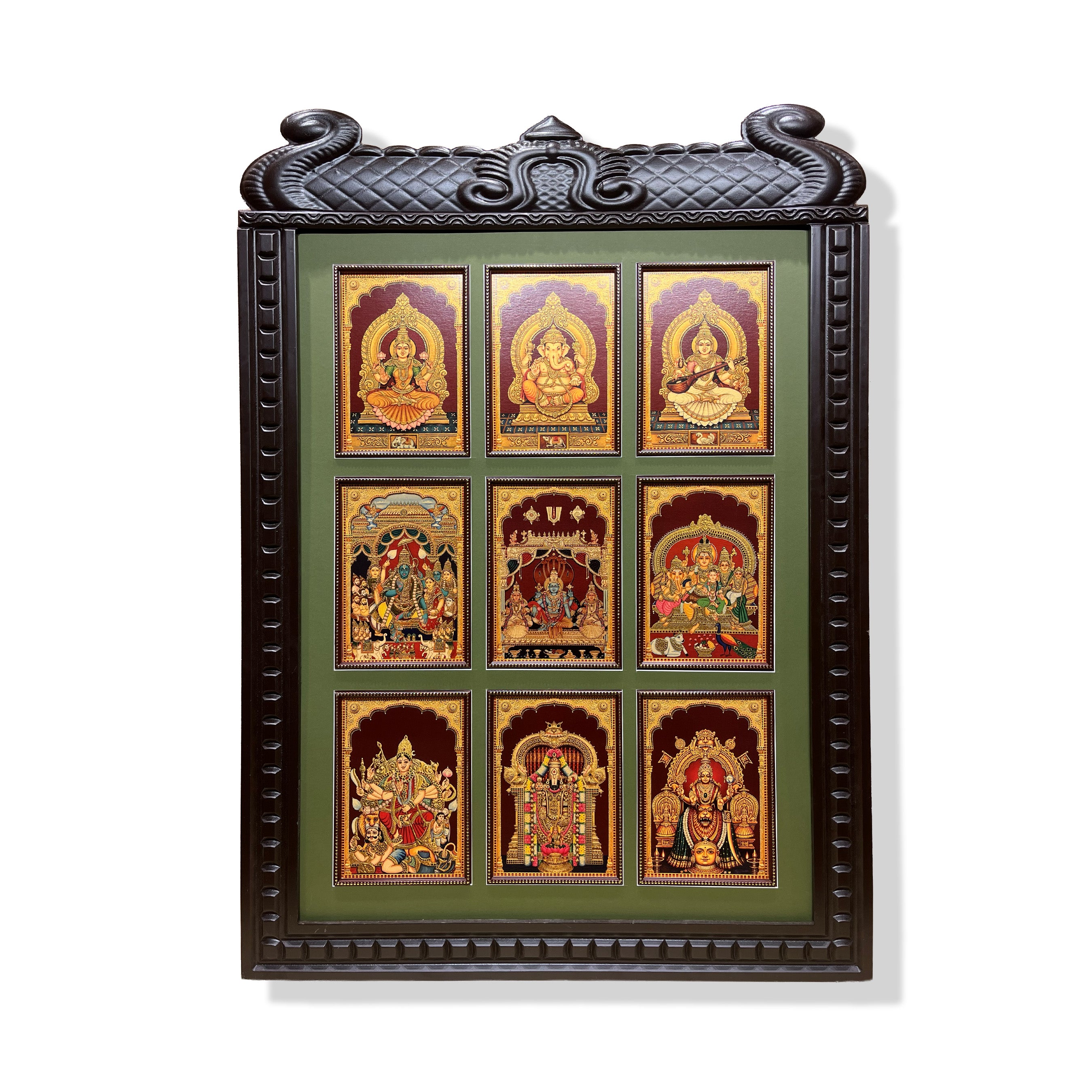 9 Gods in One Frame Gold Leaf Art | Premium Engineered Wooden Pooja Room Wall Frame