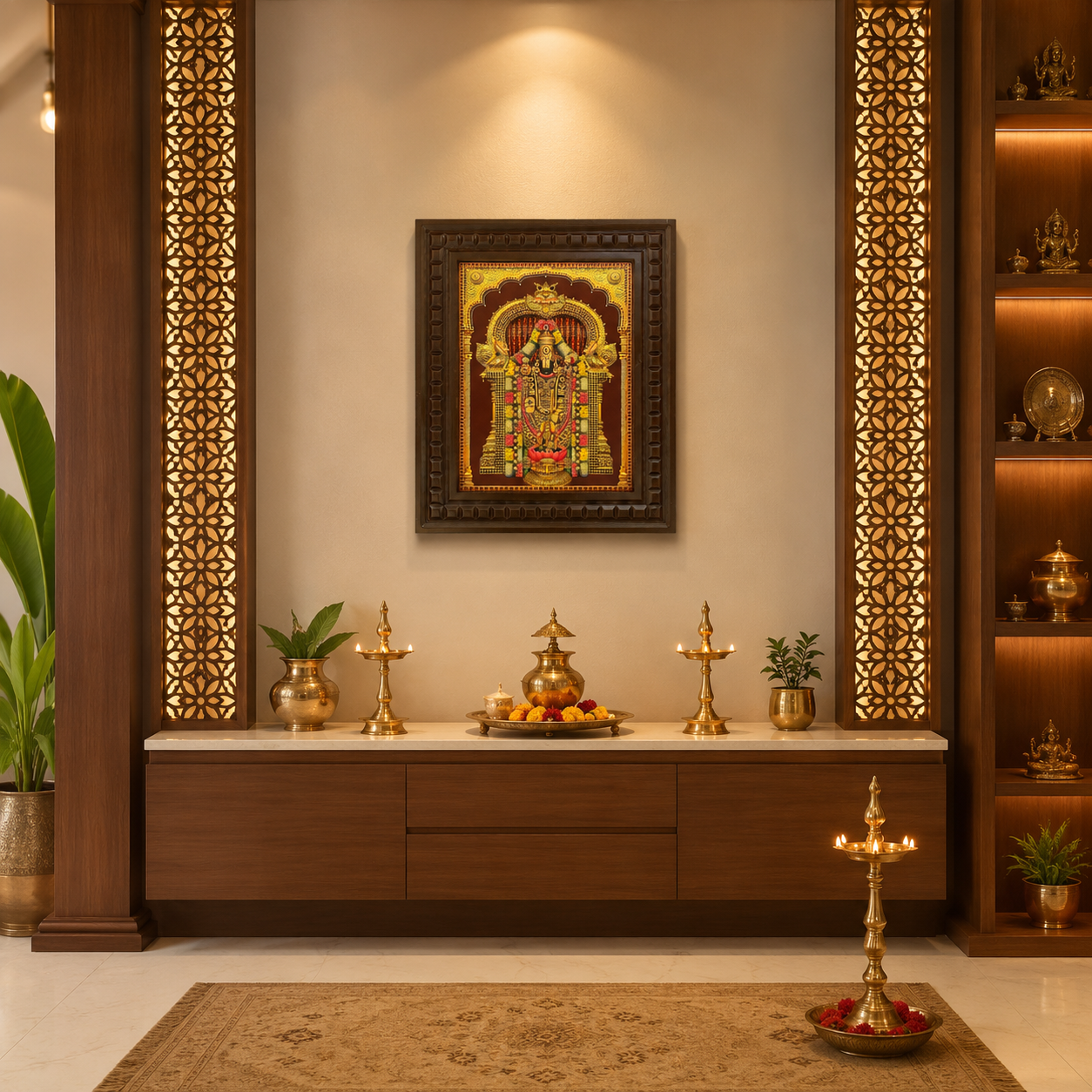 Tirupati Balaji Gold Leaf Artwork Wall Frame | Premium Venkateswara Swamy Temple Wall Decor for Pooja Room | Luxury Wooden Frame by ESTUDIO