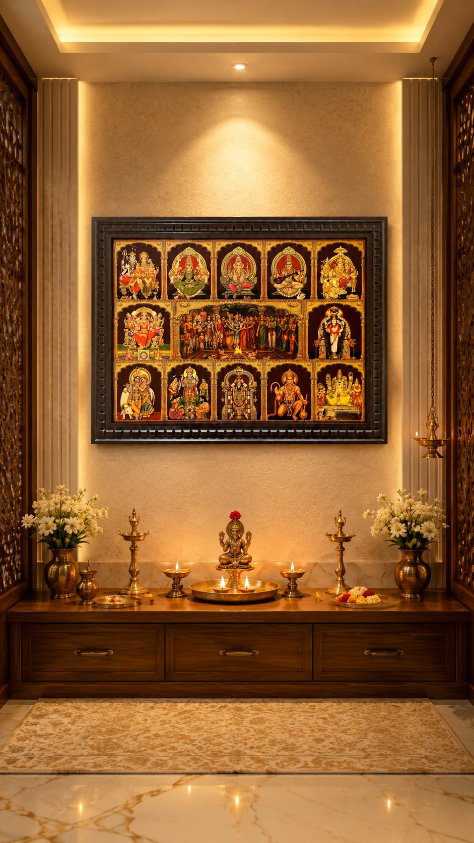 13 Divine Hindu Gods Gold Leaf Wall Art for Pooja Room