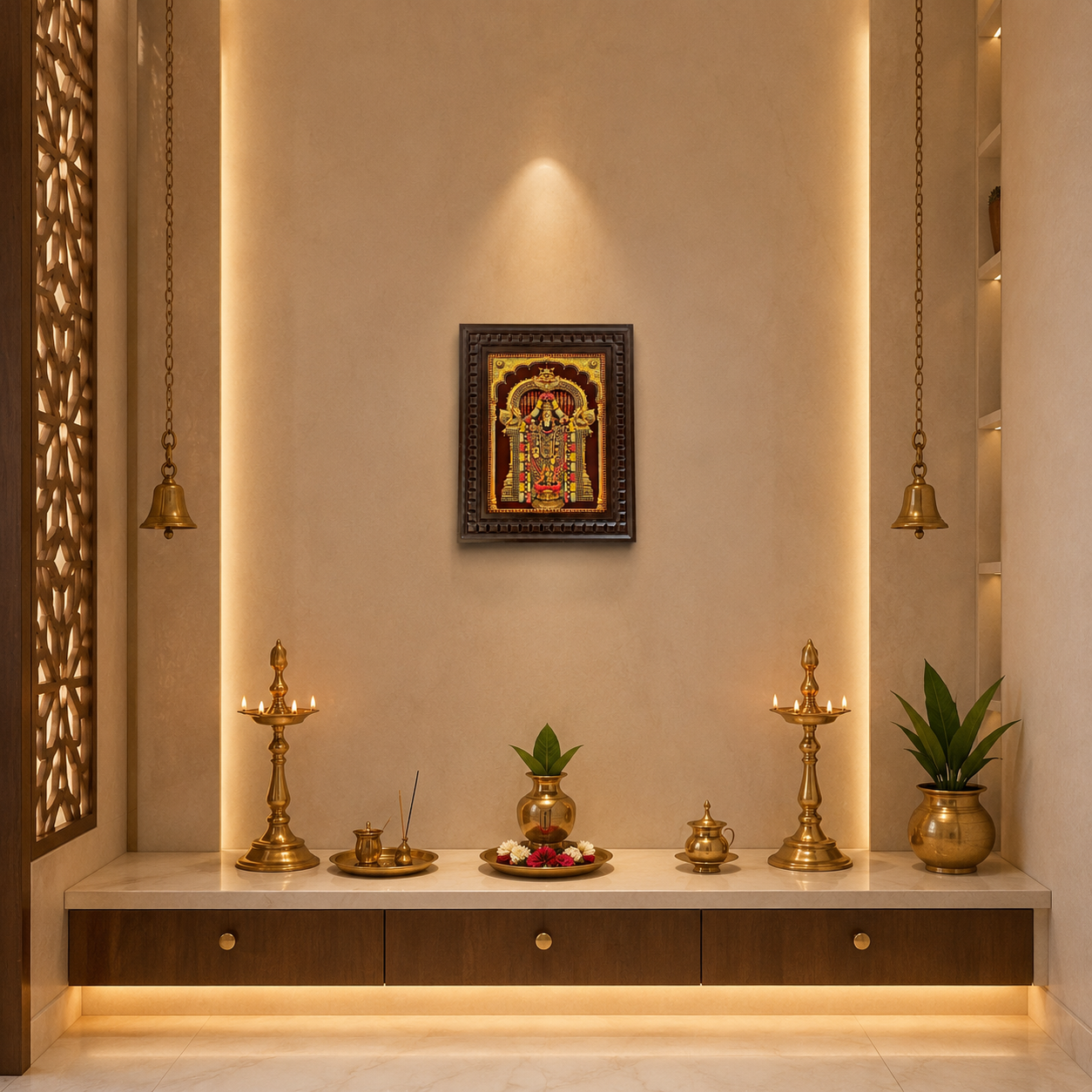 Tirupati Balaji Gold Leaf Artwork Wall Frame | Premium Venkateswara Swamy Temple Wall Decor for Pooja Room | Luxury Wooden Frame by ESTUDIO
