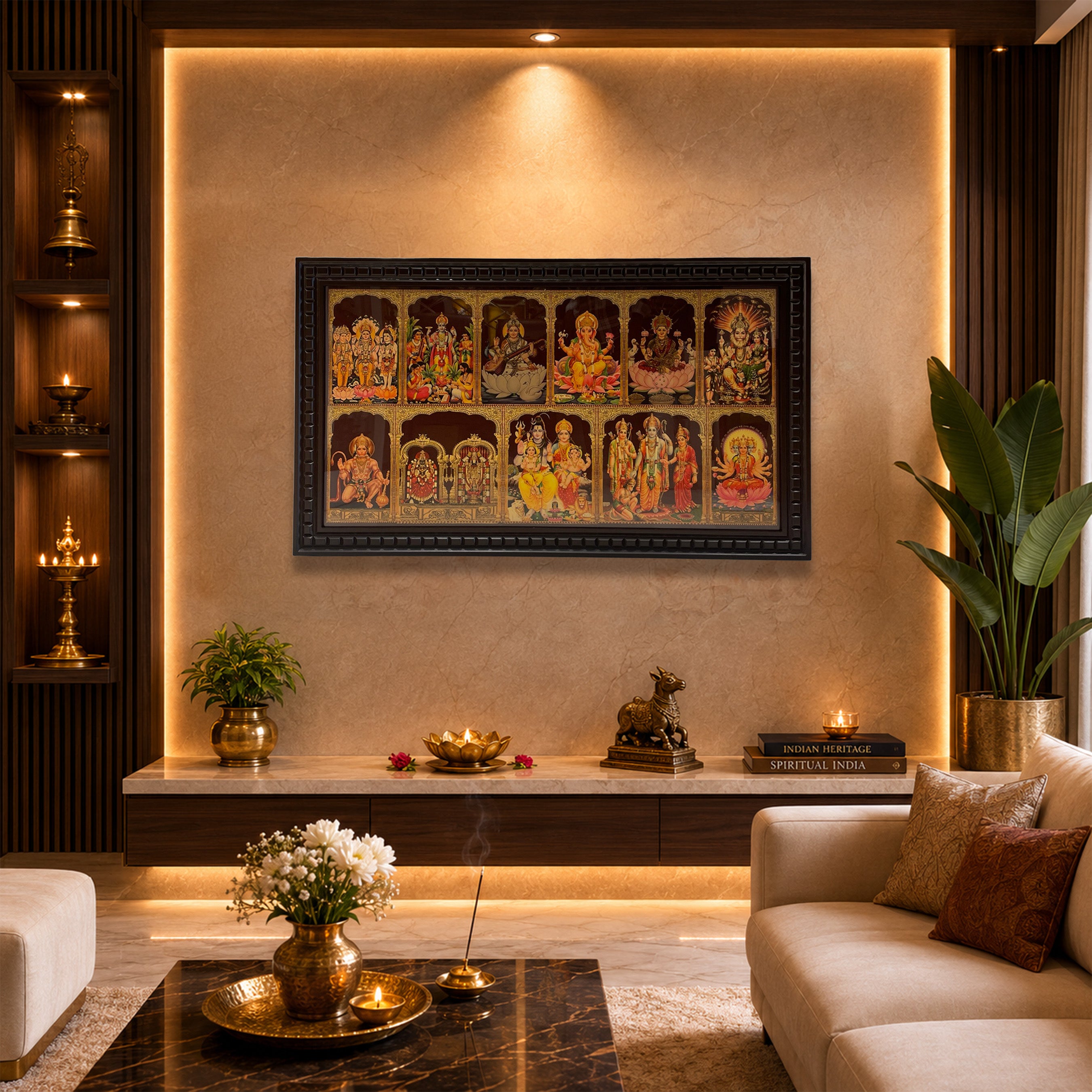 11 Divine Gods Wooden Frame Wall Art | Trimurti, Tirupati Balaji, Shiva Parivar, Ram Darbar, Lakshmi, Ganesha & More | Premium Pooja Room Decor