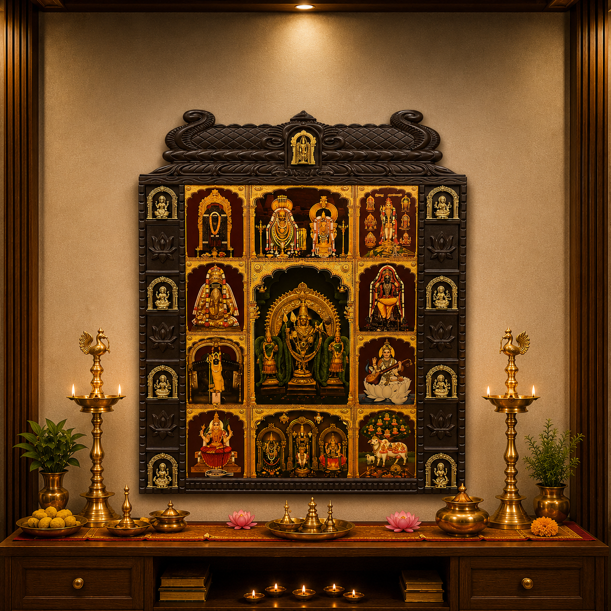 Premium Ashta Lakshmi Brass Wooden Temple Frame | Lord Shanmuga with Valli & Deivanai | Annamalaiyar Unnamulai Amman | Tirupati Balaji Padmavathi Lakshmi Wall Art