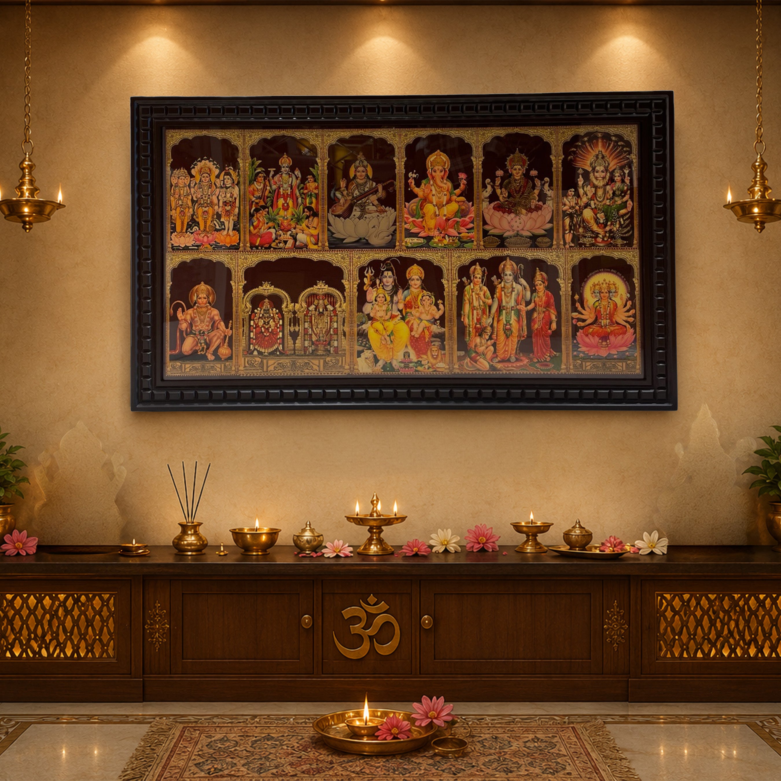11 Divine Gods Wooden Frame Wall Art | Trimurti, Tirupati Balaji, Shiva Parivar, Ram Darbar, Lakshmi, Ganesha & More | Premium Pooja Room Decor