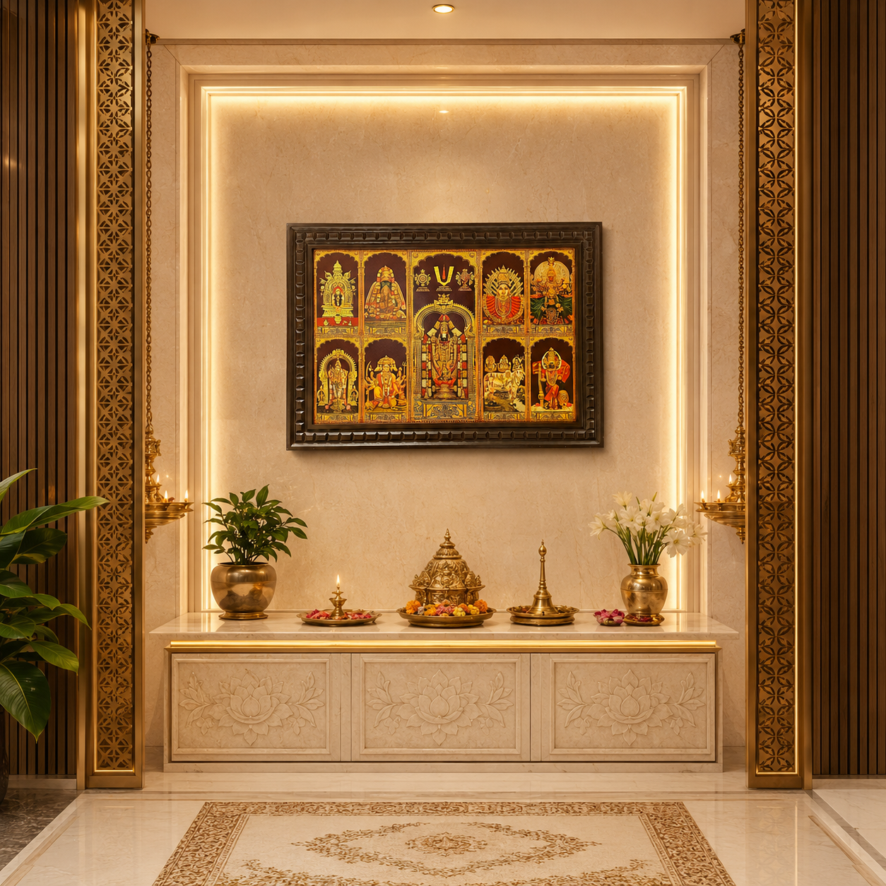 9 Gods Gold Leaf Art for Pooja Room | Premium Hindu Wall Decor Frame | Luxury Home Temple Wall Hanging | Traditional Wooden Frame for Home, Office & Spiritual Interior