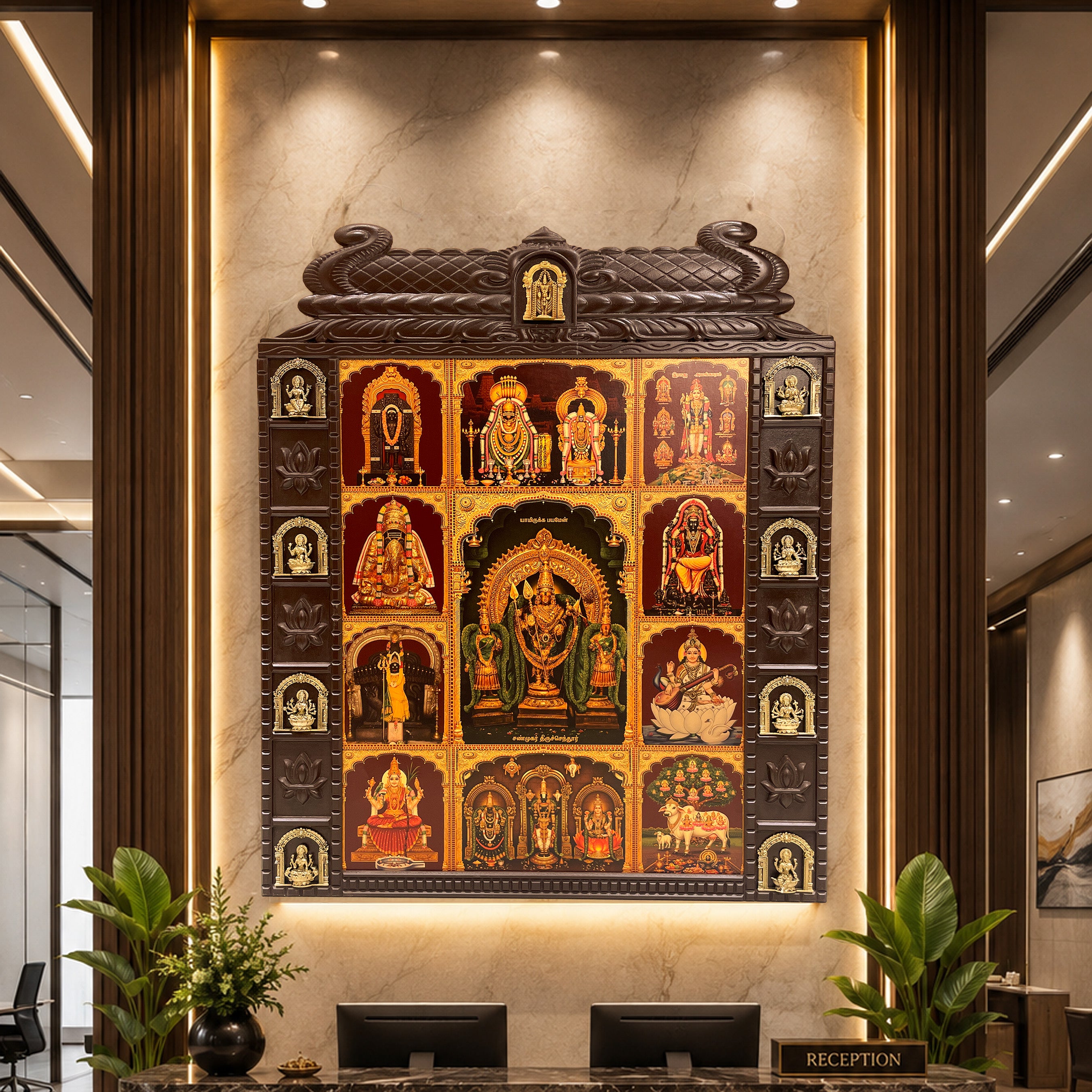 Premium Ashta Lakshmi Brass Wooden Temple Frame | Lord Shanmuga with Valli & Deivanai | Annamalaiyar Unnamulai Amman | Tirupati Balaji Padmavathi Lakshmi Wall Art
