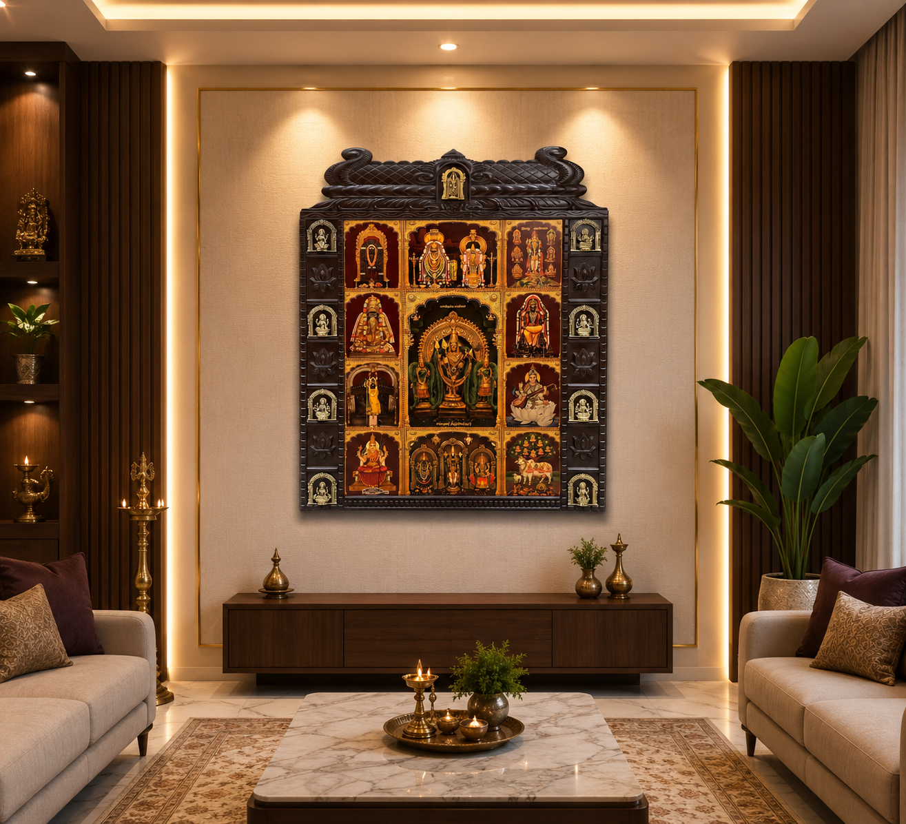 Premium Ashta Lakshmi Brass Wooden Temple Frame | Lord Shanmuga with Valli & Deivanai | Annamalaiyar Unnamulai Amman | Tirupati Balaji Padmavathi Lakshmi Wall Art