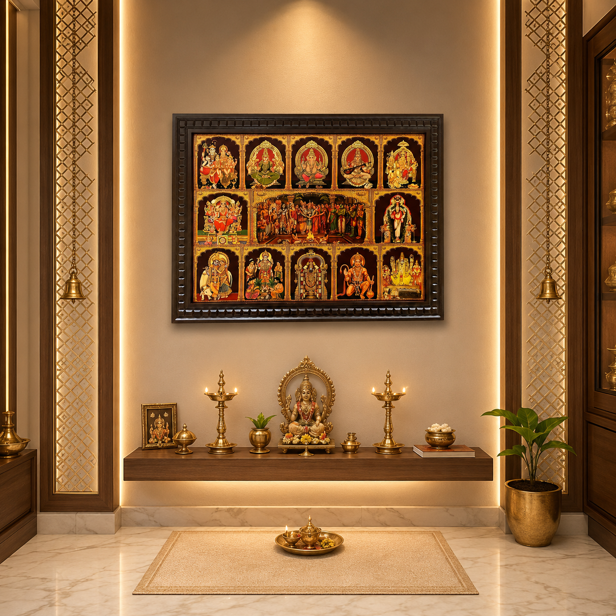 13 Divine Hindu Gods Gold Leaf Wall Art for Pooja Room