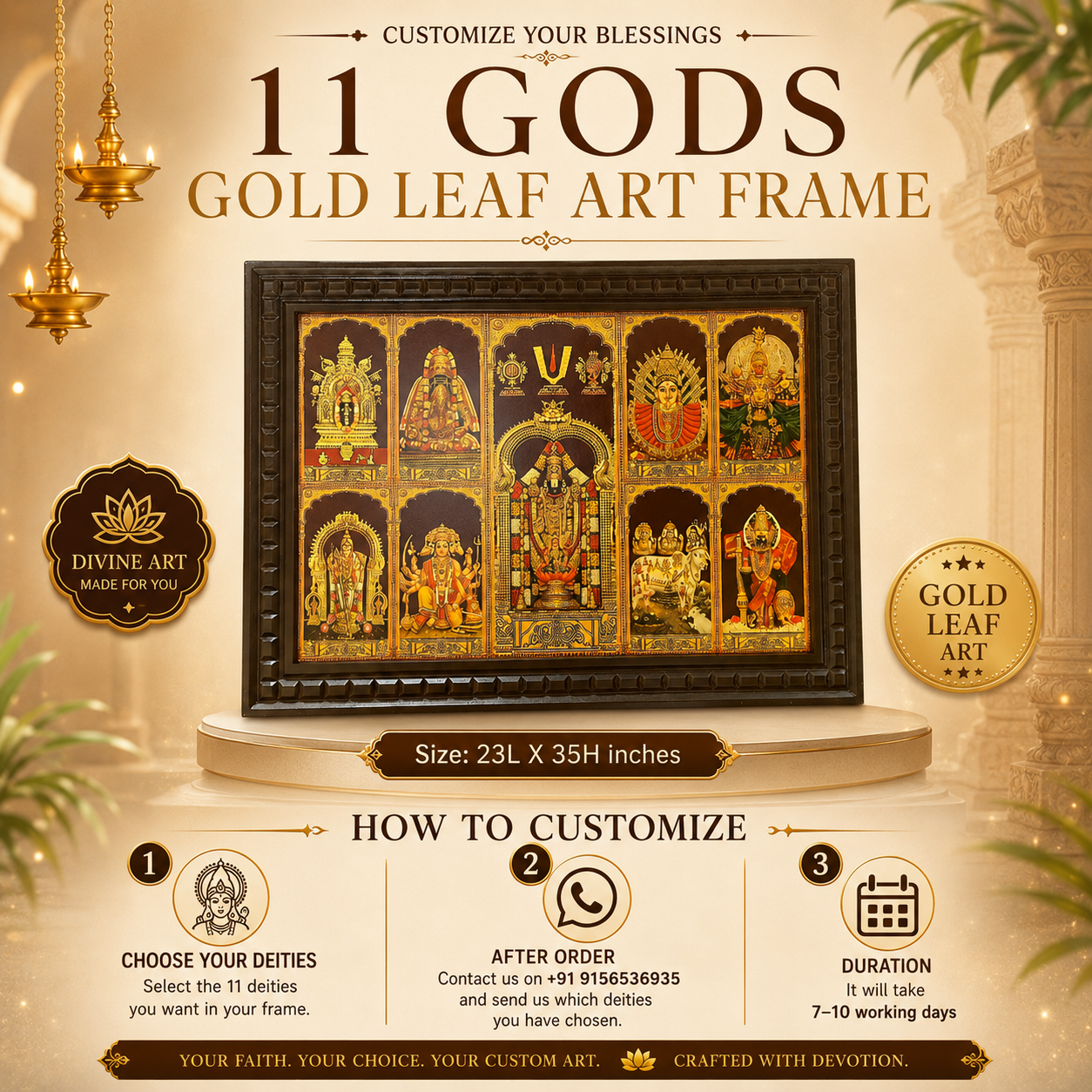 9 Gods Gold Leaf Art for Pooja Room | Premium Hindu Wall Decor Frame | Luxury Home Temple Wall Hanging | Traditional Wooden Frame for Home, Office & Spiritual Interior