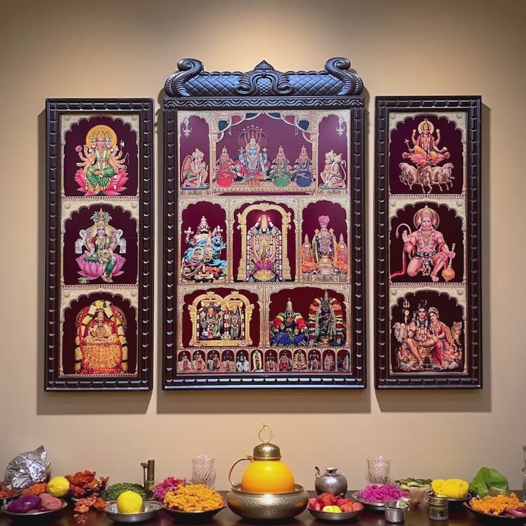 Load video: Set of 3 God Frames for Pooja Room | Gold Leaf Hindu God Wall Art