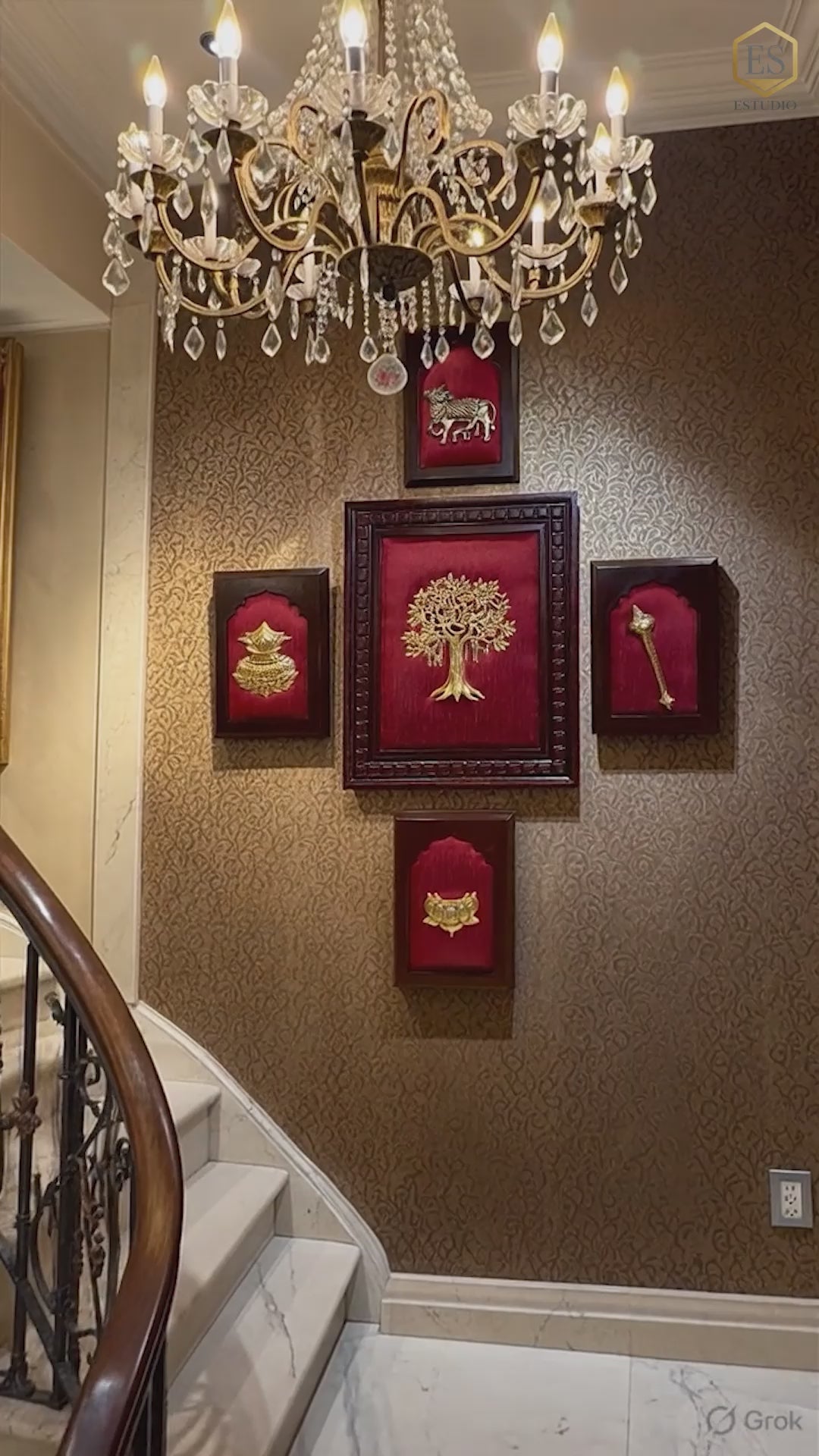 Load video: Set Of 5, Red Wall Art Set with Kalapvriksha, Gadha, lotus, kamdhenu, Kuber Kalash