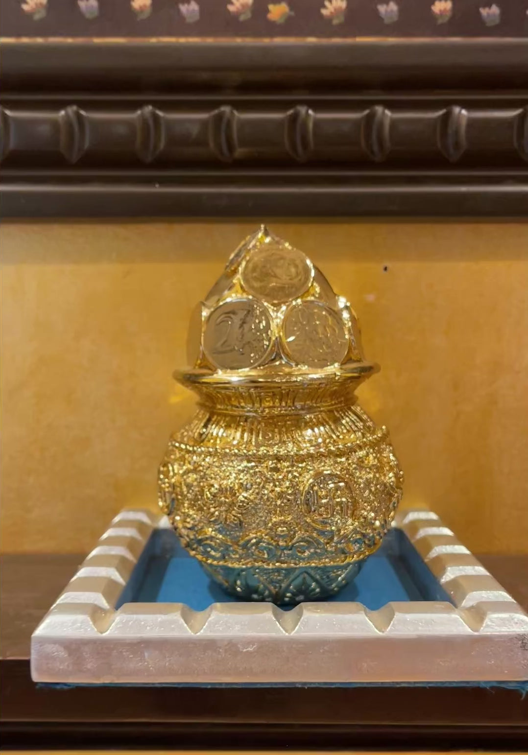 Load video: Vishnu Gold Leafed Art Mahavishnu with Bhudevi &amp; Shreedevi  With Wooden Frame