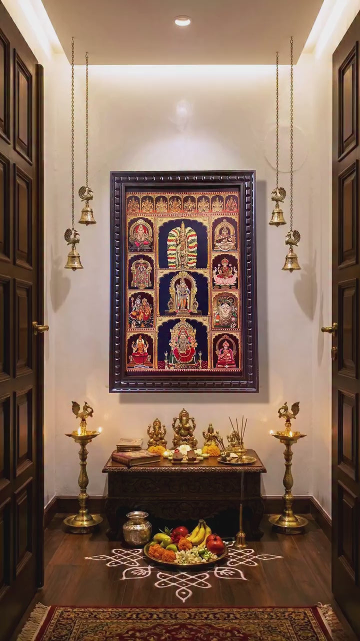 Load video: 19 Gods Photo Frame | Tirupati Balaji, Lakshmi, Ganesha, Saraswati &amp; Navagraha Frame | Premium Pooja Room Wall Decor | Vastu Divine Frame