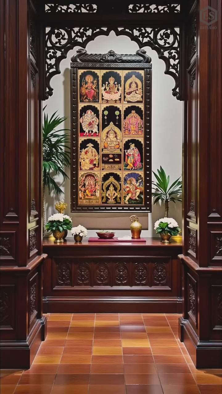 Load video: 11 Gods in One Frame Gold Leaf Wall Art | Divine Wooden Arch Frame for Pooja Room &amp; Home Temple