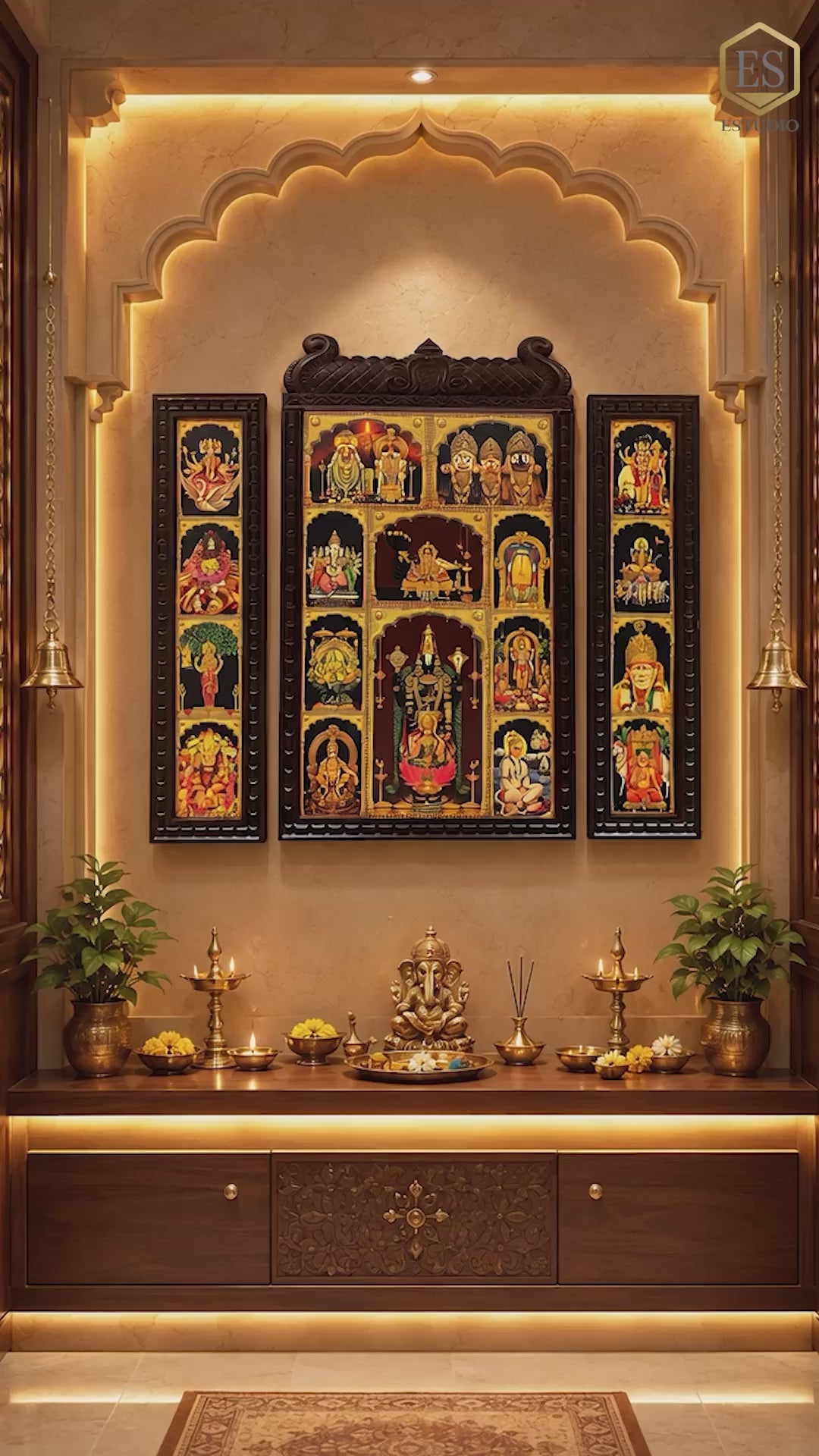 Load video: 19 Gods Gold Leaf Wall Art | Premium Pooja Room Frame | Estudio