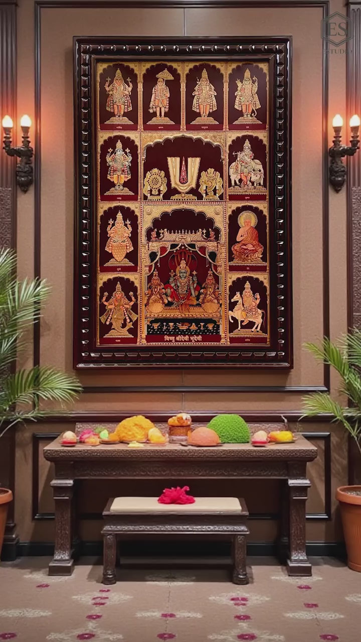 Load video: Dashavatara Vishnu Gold Leafed Art | Ten Incarnations of Lord Vishnu Wall Décor