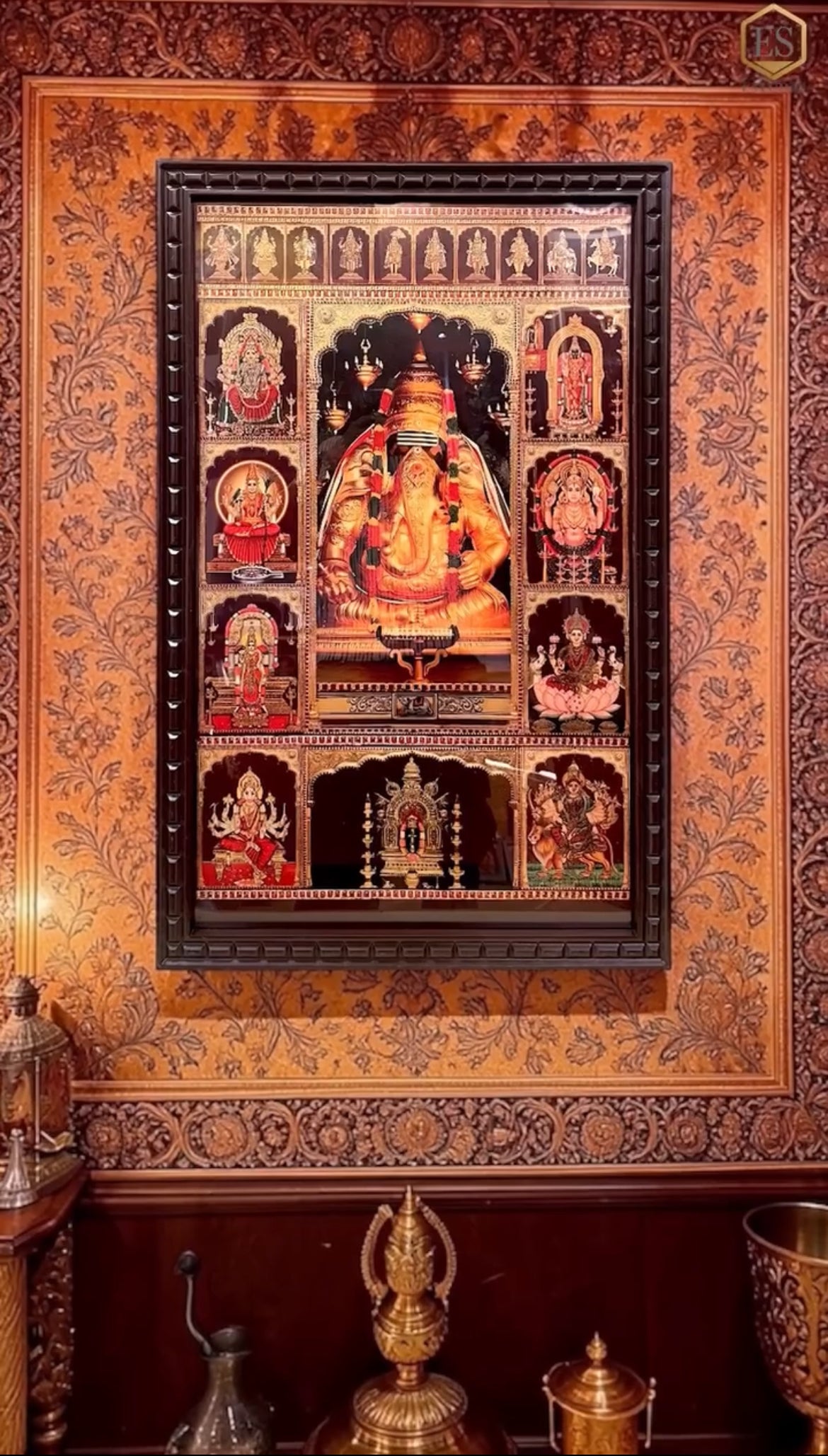 Load video: 9 Gods Gold Leaf Wall Art Frame | Multi Deity Hindu Frame | Shiva Parivar, Tirupati Balaji, Lalitha Devi | Premium Engineered Wooden Frame for Pooja Room &amp; Living Decor