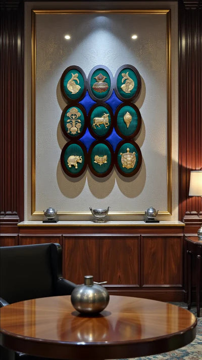 Load video: 9 Brass  Auspicious Symbols On Green Silk Wall Art Set.