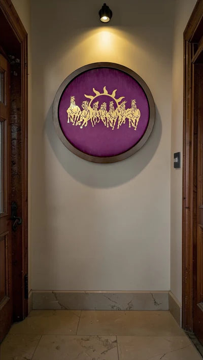 Load video: 7 Running Horses Gold Steel Metal Wall Art with Purple Silk Backdrop.