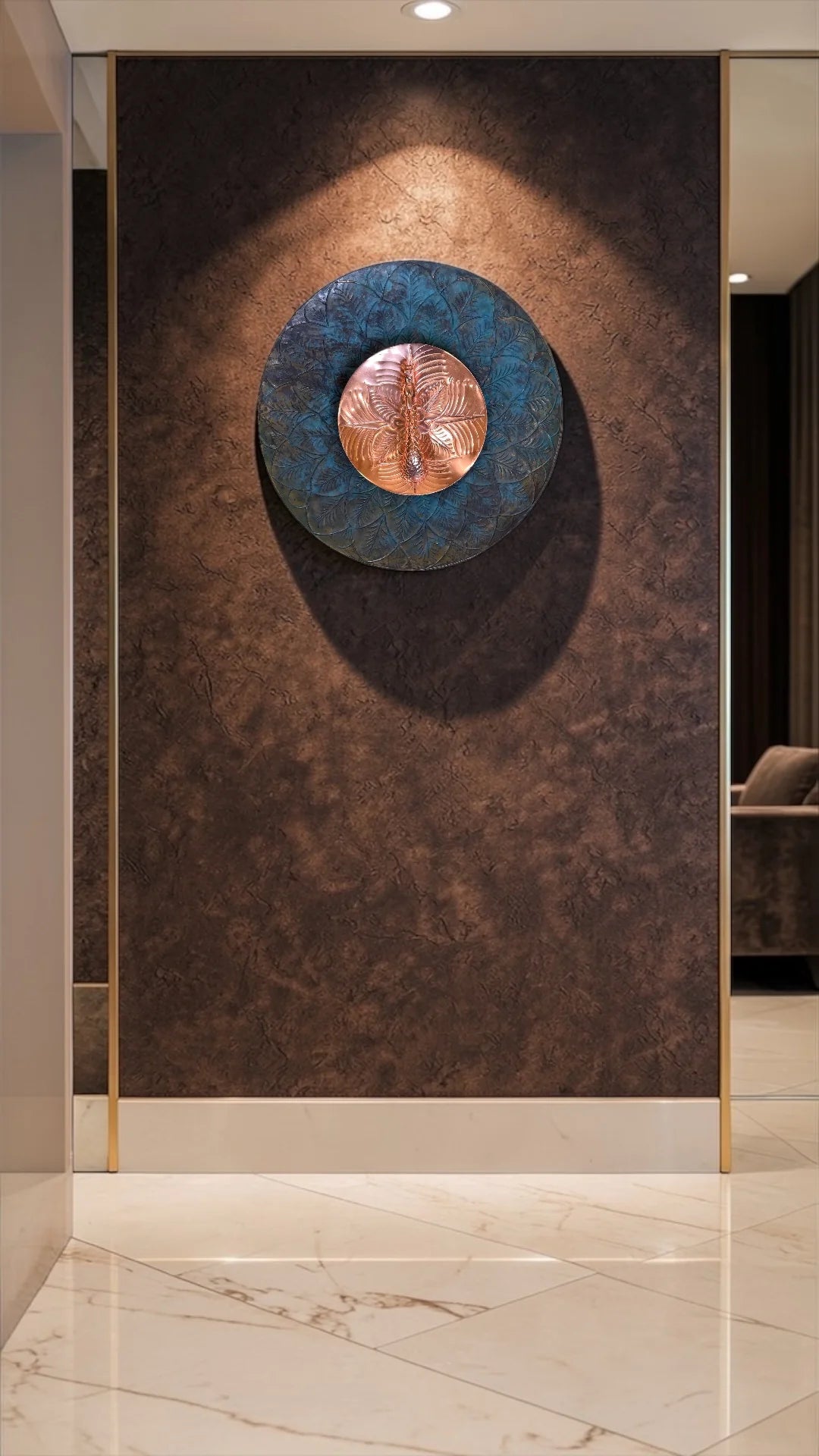 Load video: Peacock Mild Steel Green And Blue Patina Wall Art | Modern Metal Wall Decor for Luxury Interiors
