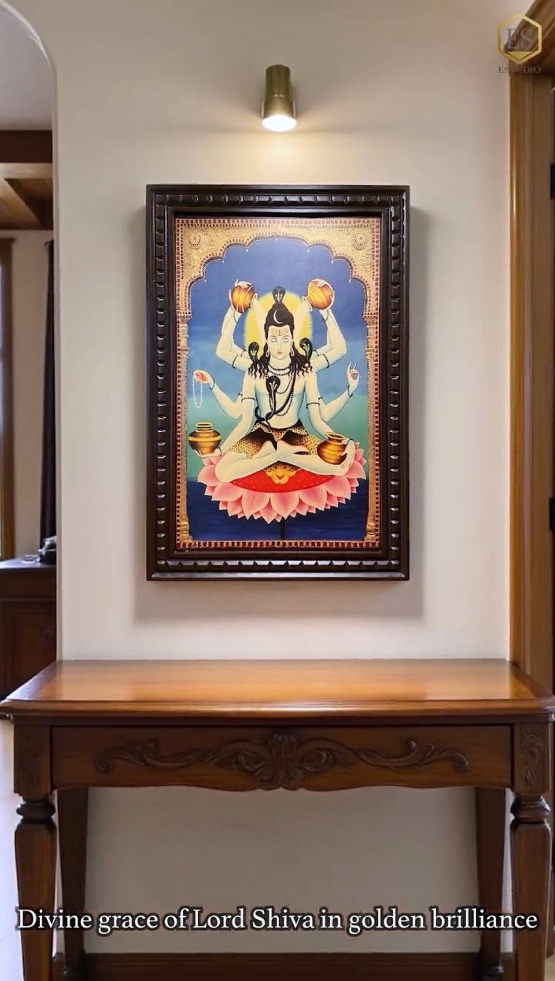 Load video: Shiva Mahamrityunjay Gold Leafed Art With Wooden Frame