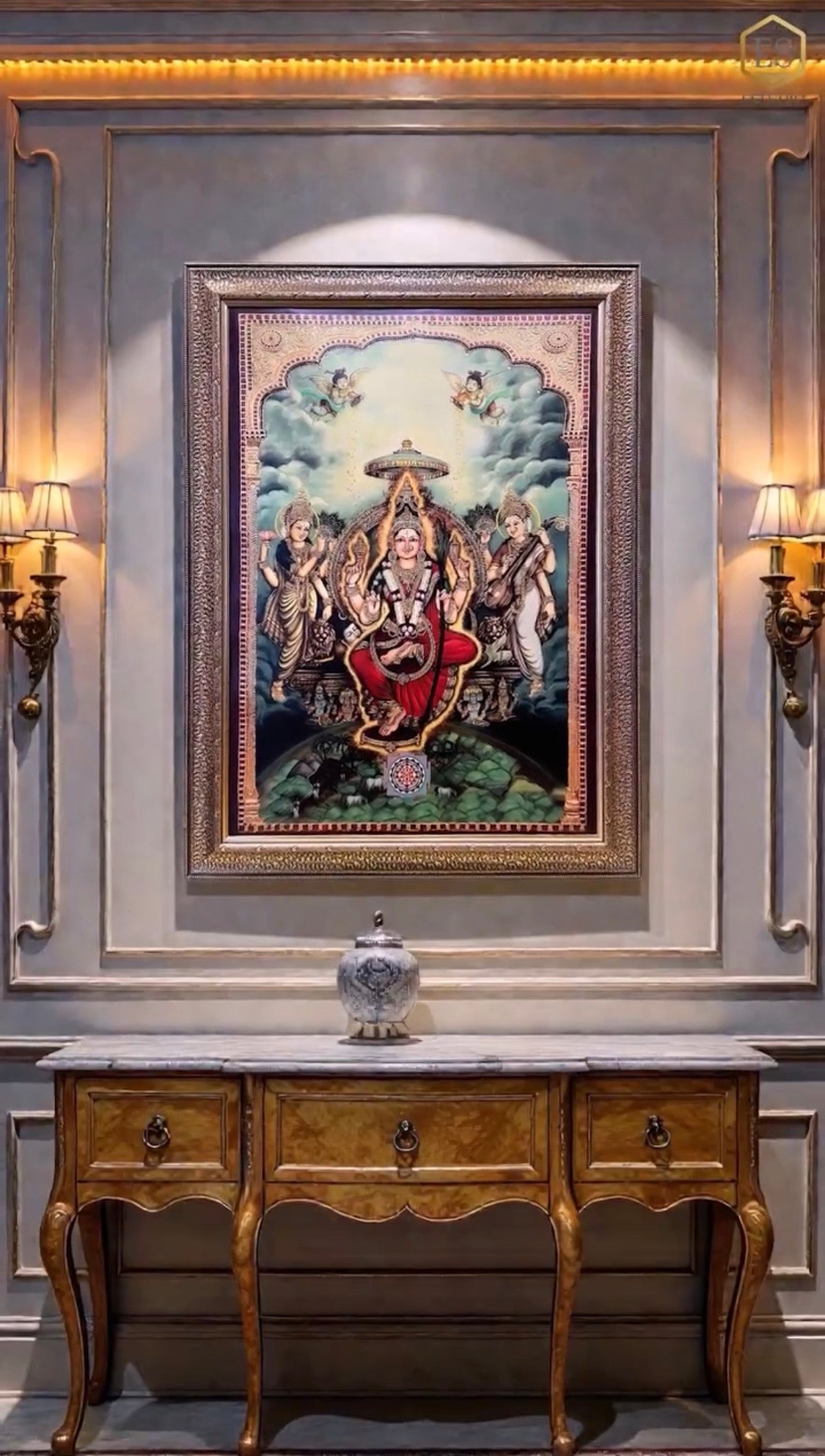 Load video: Lalitha Tripura Sundari Gold Leaf Wall Art with Premium Resin Frame | Luxury Divine Decor for Living &amp; Pooja Room