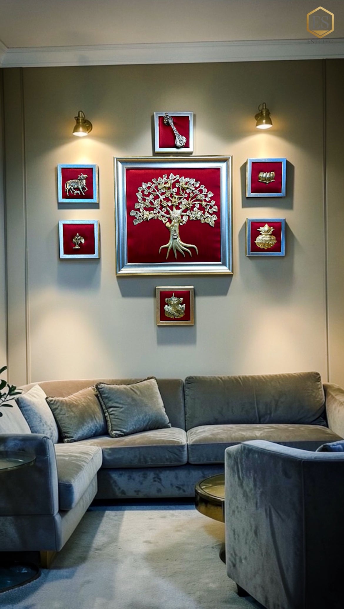 Load video: Brass Kalpavriksha Wall Art Set on Red Silk Backdrop.