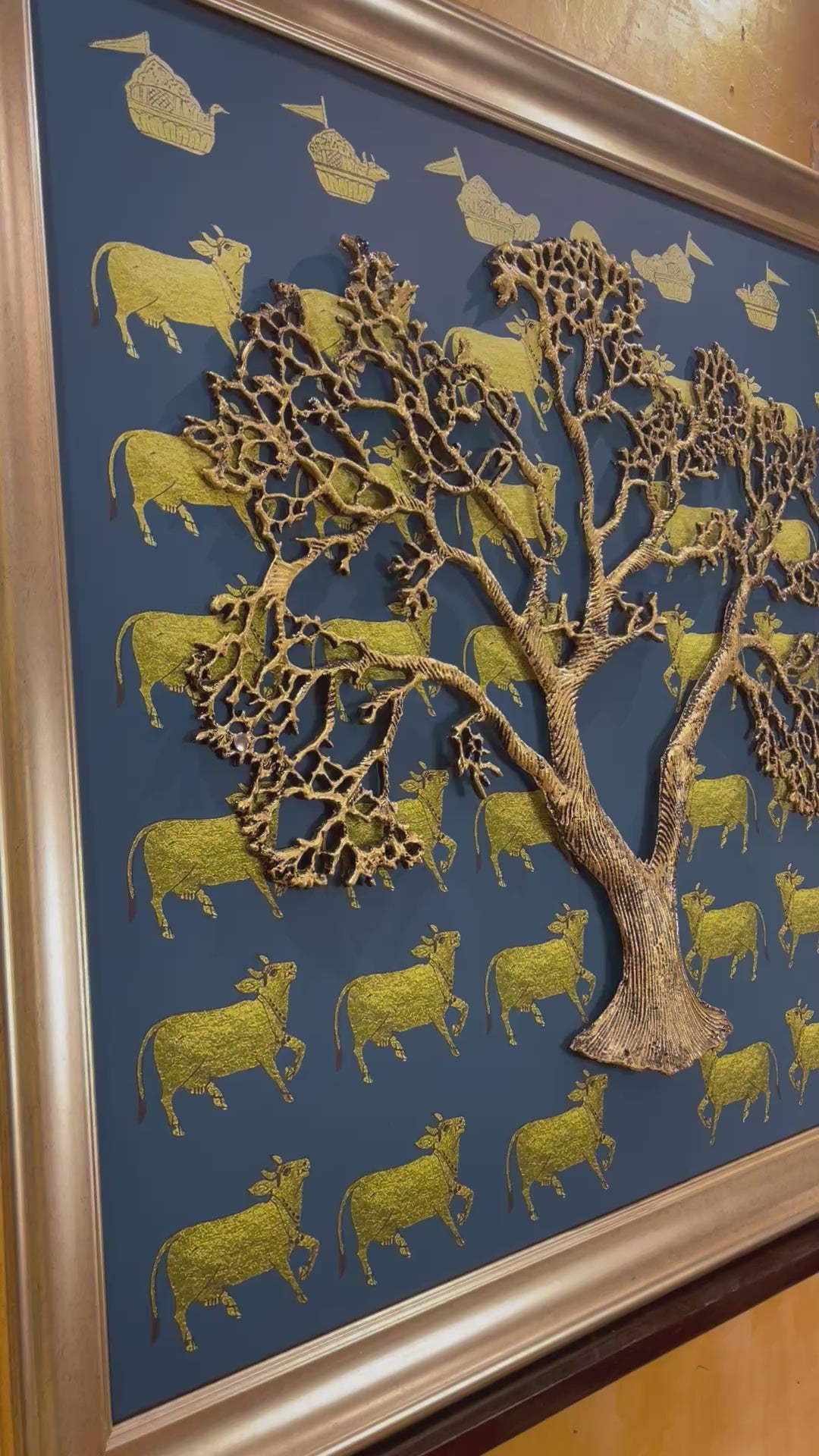 Load video: Metal Kalpavriksha on Kamadhenu &amp; Blue Backdrop in Moulded Frame