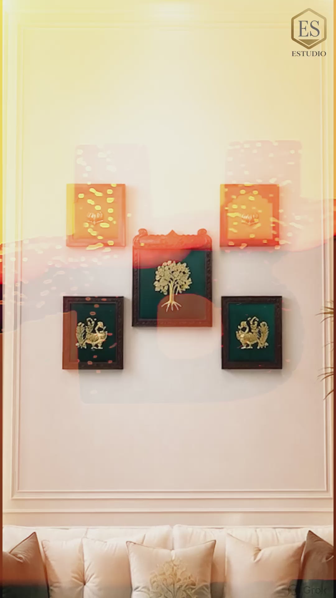 Load video: Brass Kalpavriksha, Peacock &amp; Lotus Wall Art Set of 5 Frames | Traditional Wooden Decor for Home &amp; Office
