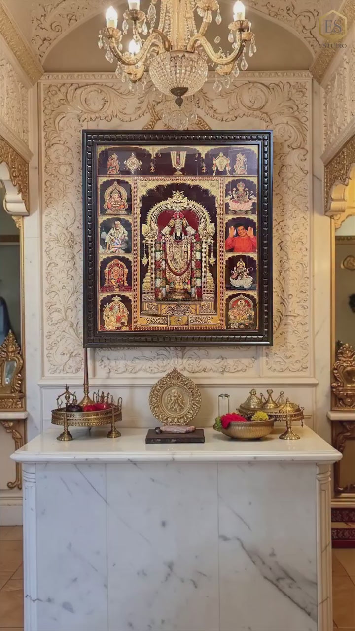 Load video: 9 Gods in One Frame Gold Leaf Art | Tirupati Balaji with 8 Divine Deity's (46H x 41L Inches)