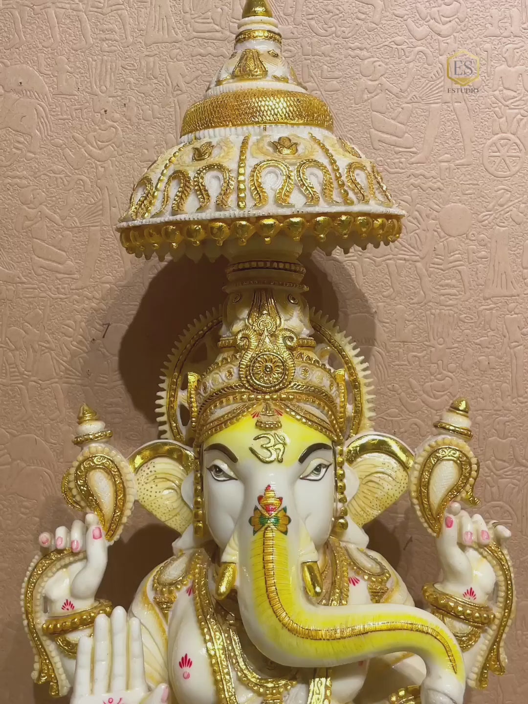 Load video: Lord Ganesha Marble Dust Handcrafted Idol with Gold Embellishment