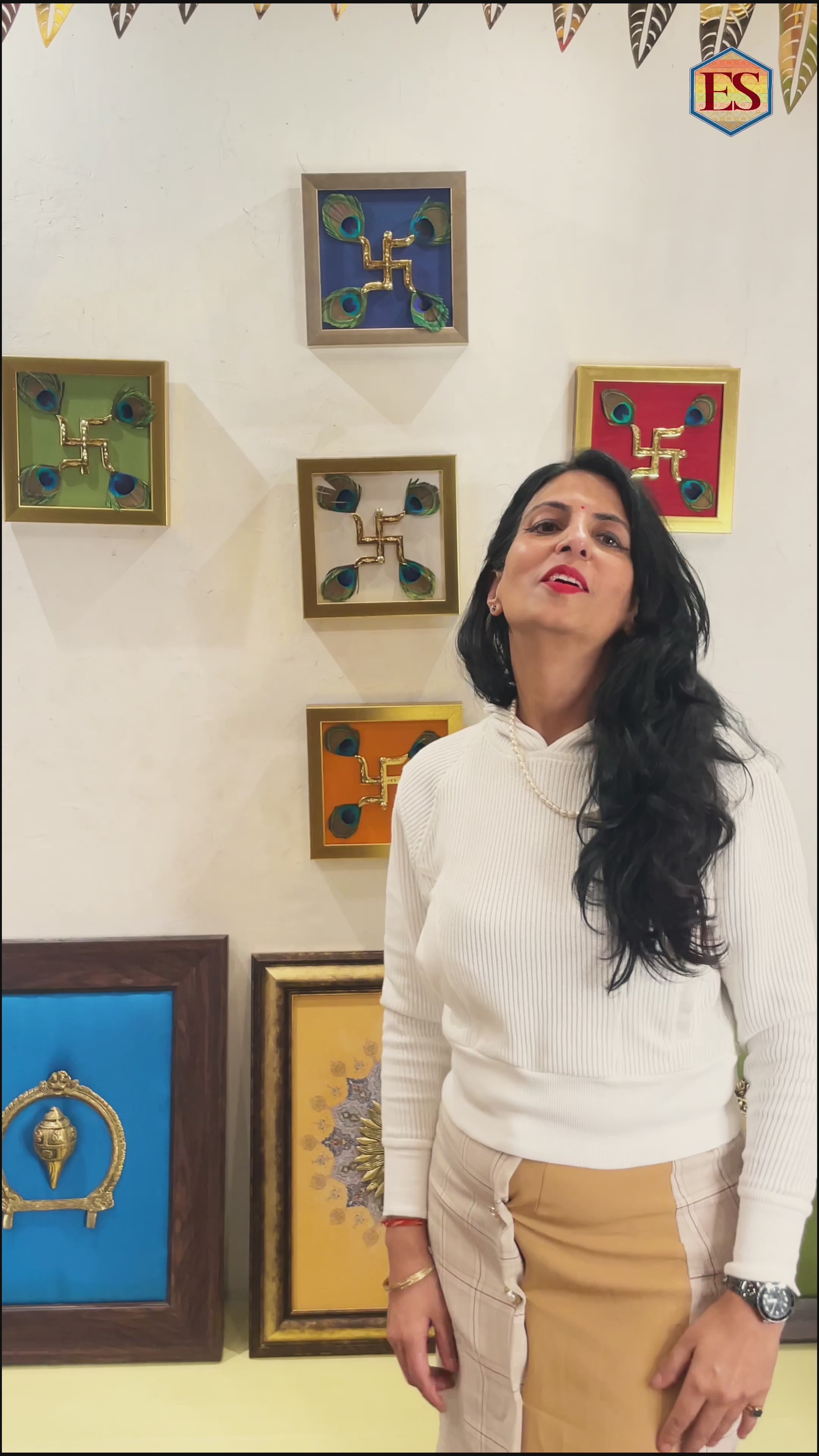 Load video: Brass Swastik with Peacock Feathers &amp; Off white silk in gold frame