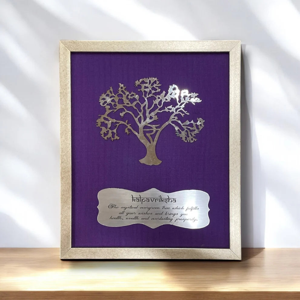 Wishfulfillng Kalpavriksha Tree Metal with Wine Red Silk Background