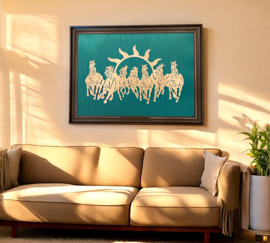 7 Running Horses with Rama Green Silk in Brown Frame