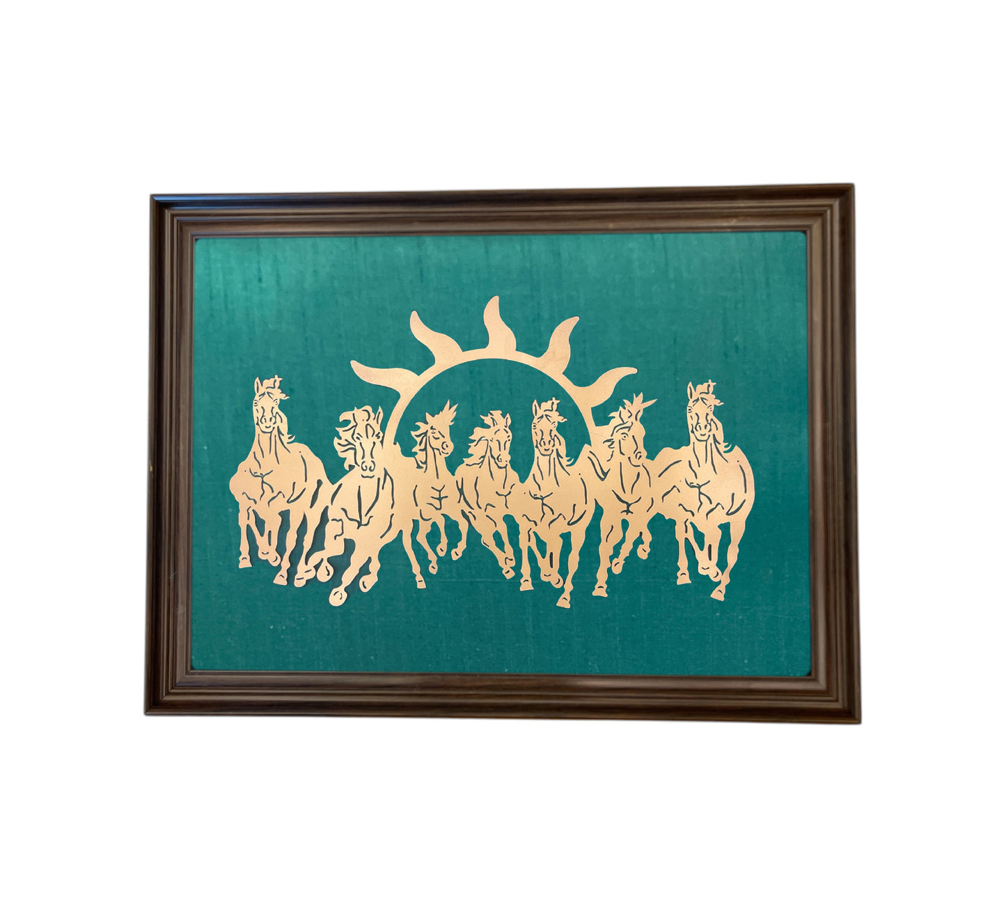 7 Running Horses with Rama Green Silk in Brown Frame