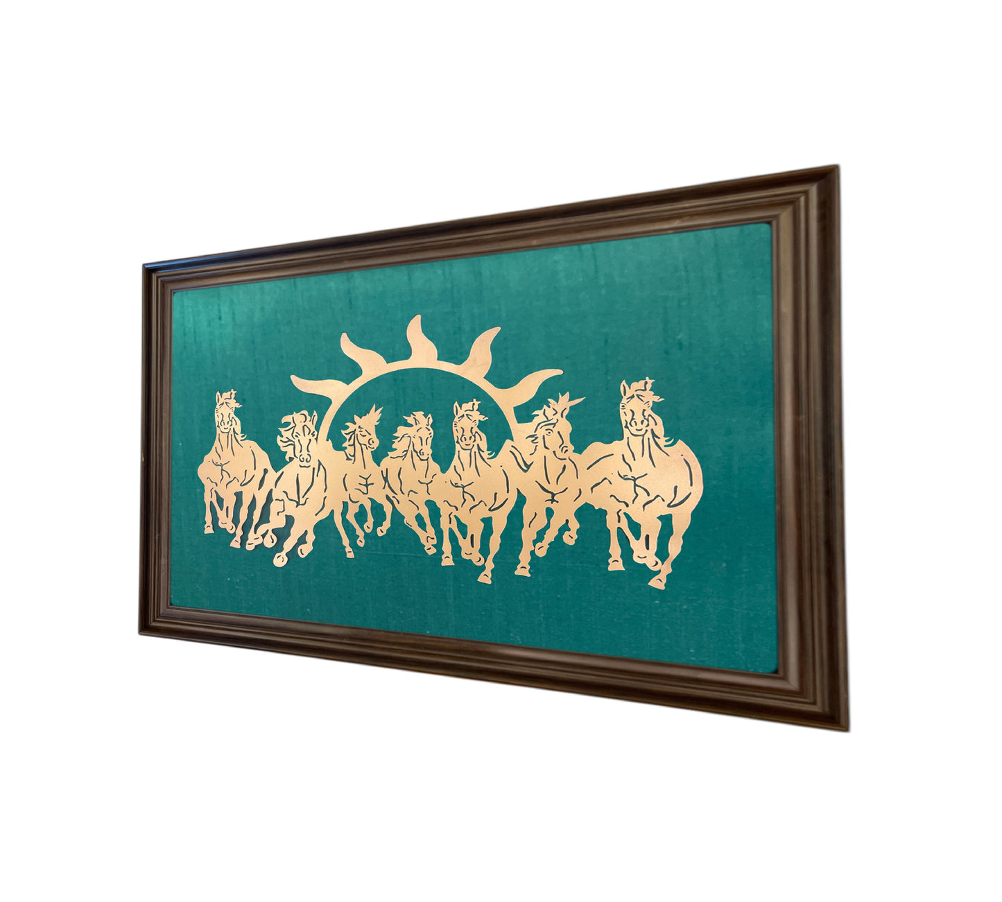 7 Running Horses with Rama Green Silk in Brown Frame