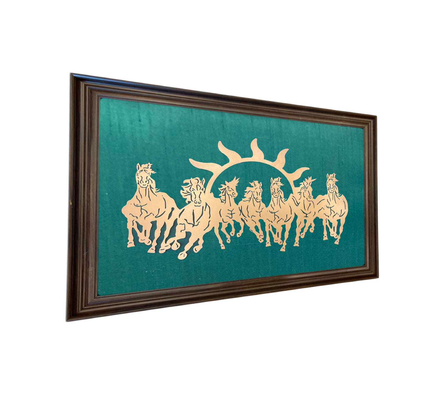 7 Running Horses with Rama Green Silk in Brown Frame